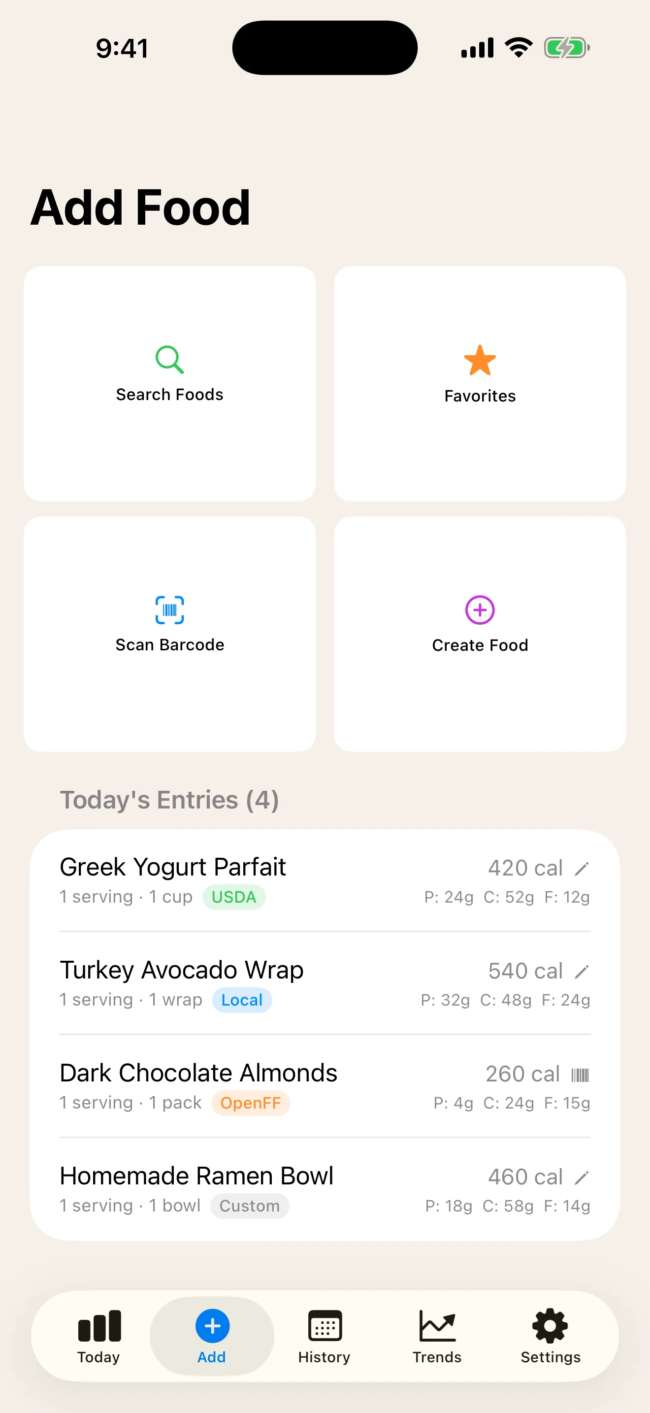 DailyLabel Add Food screen with search, favorites, barcode scanning, and create food options