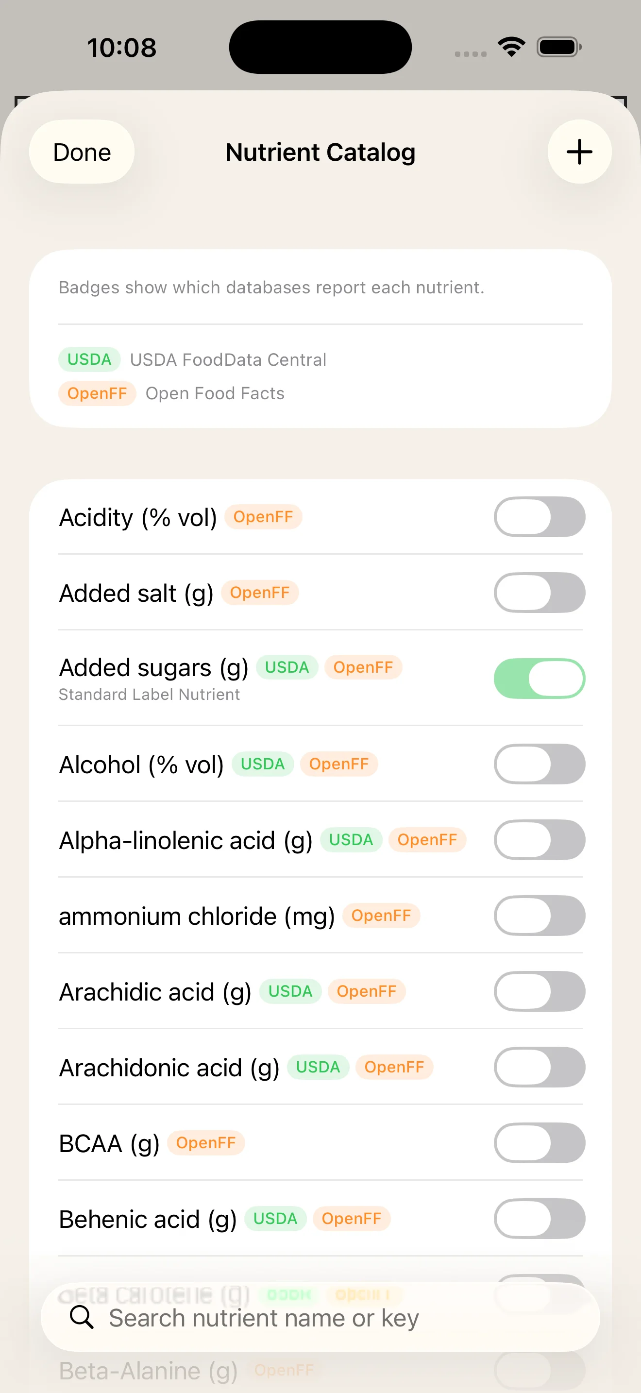 DailyLabel nutrient catalog with optional Pro nutrients