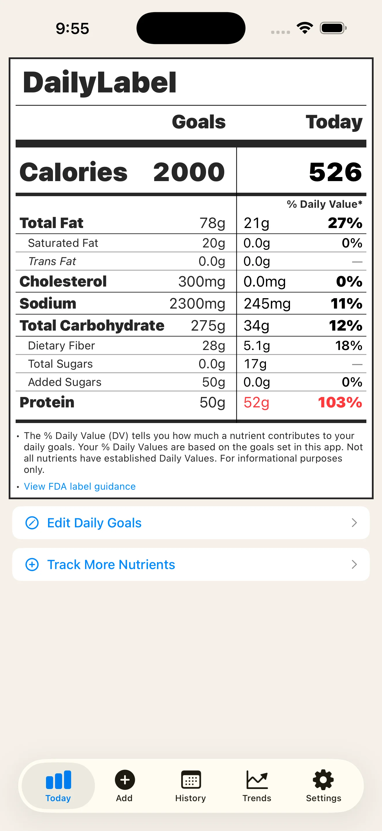 DailyLabel dashboard showing Daily Values