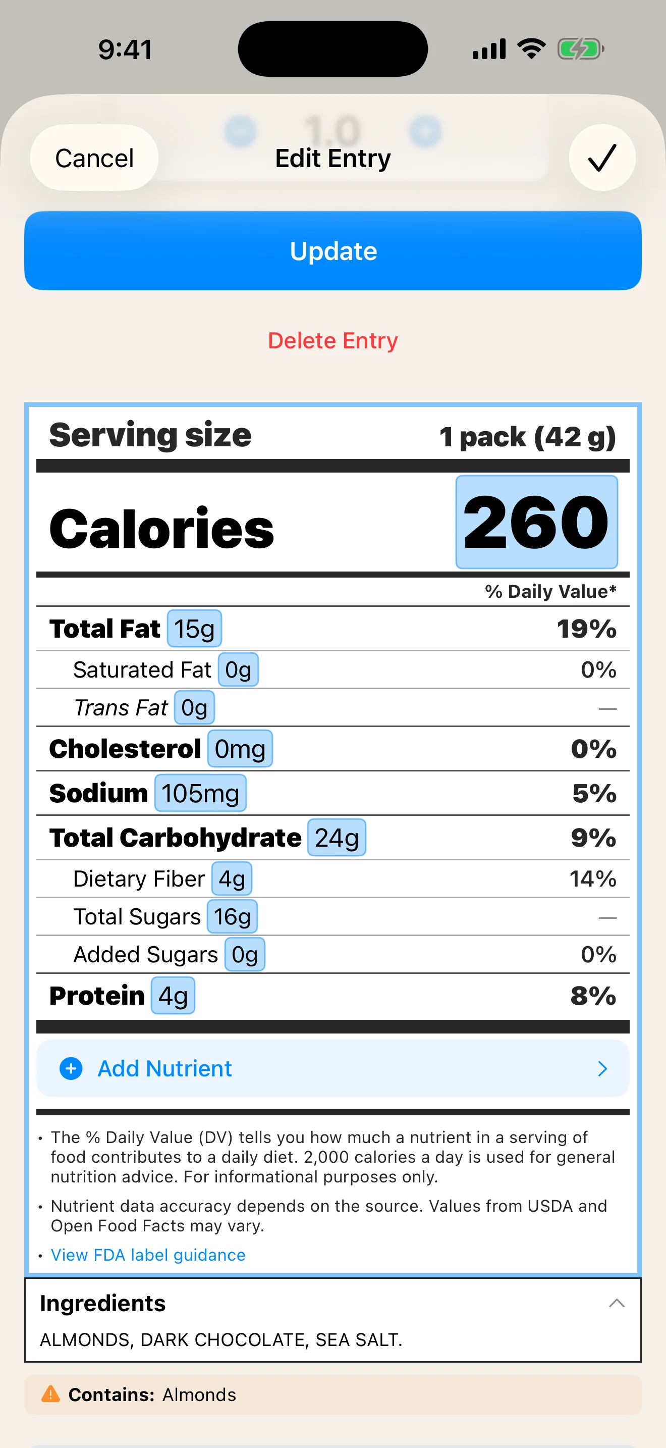 DailyLabel food detail screen with editable calories and nutrients