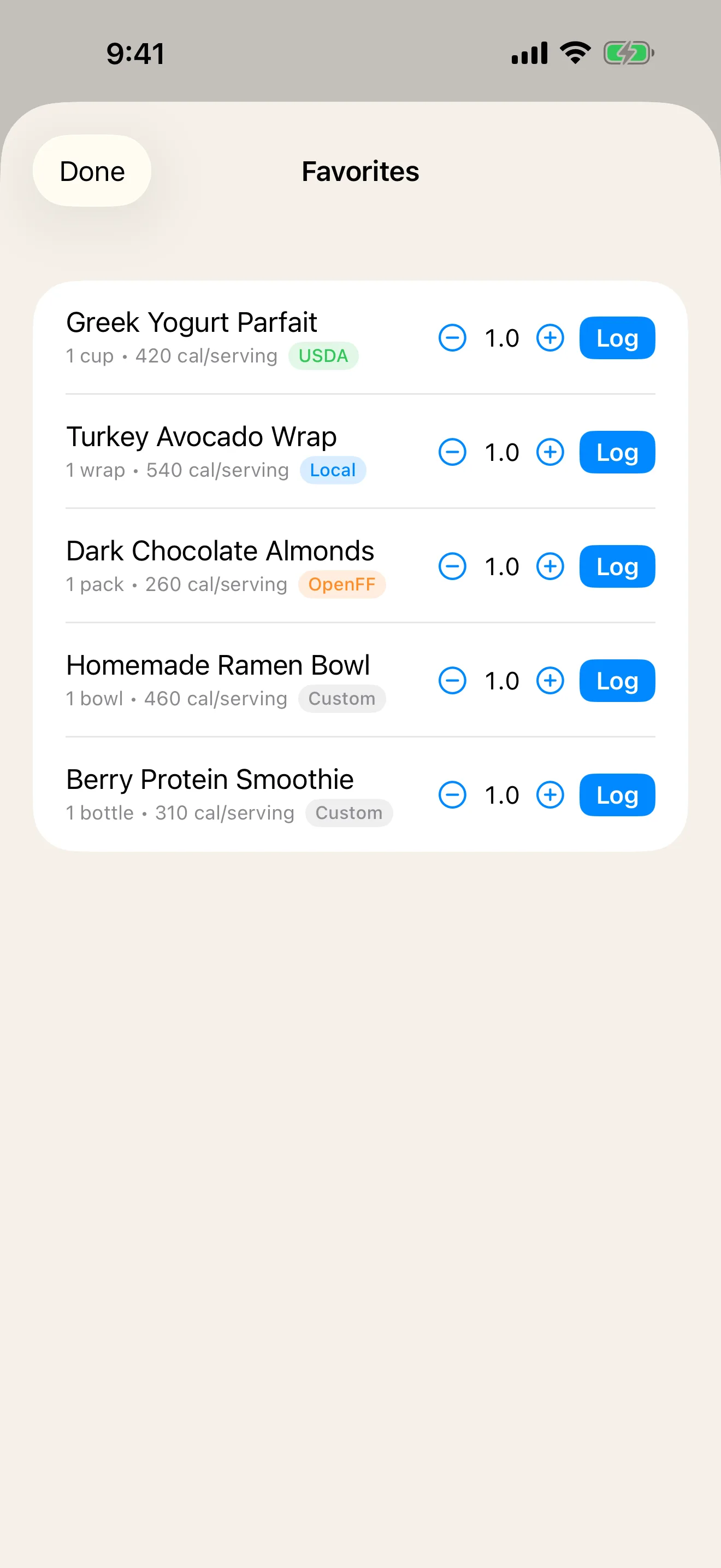 DailyLabel Favorites screen with five reusable foods and quick log controls