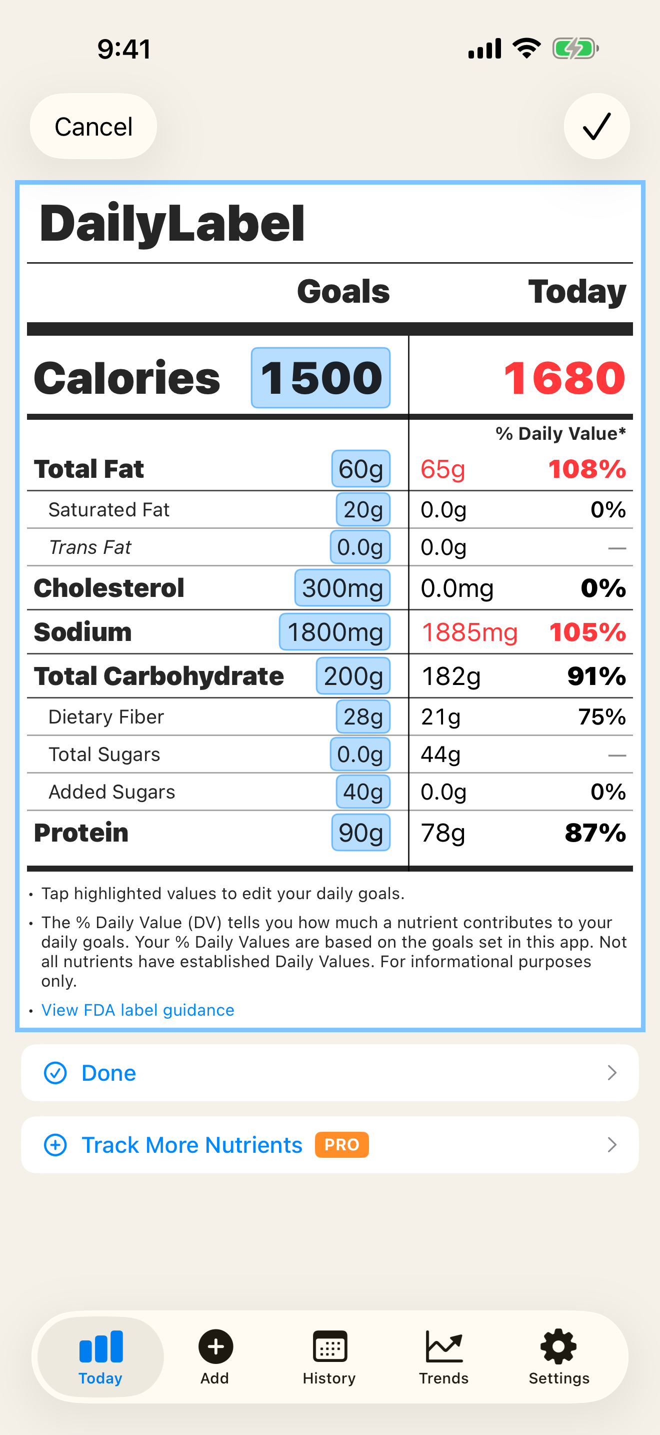 DailyLabel daily goals editor with highlighted nutrition values