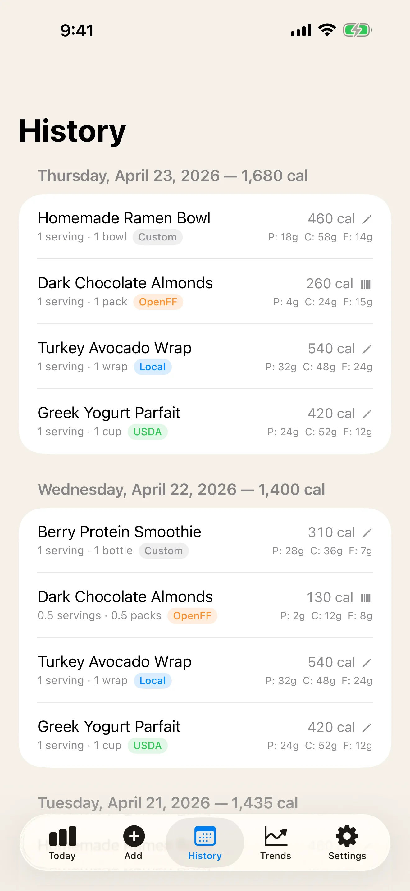 DailyLabel History screen with logged foods grouped across multiple days