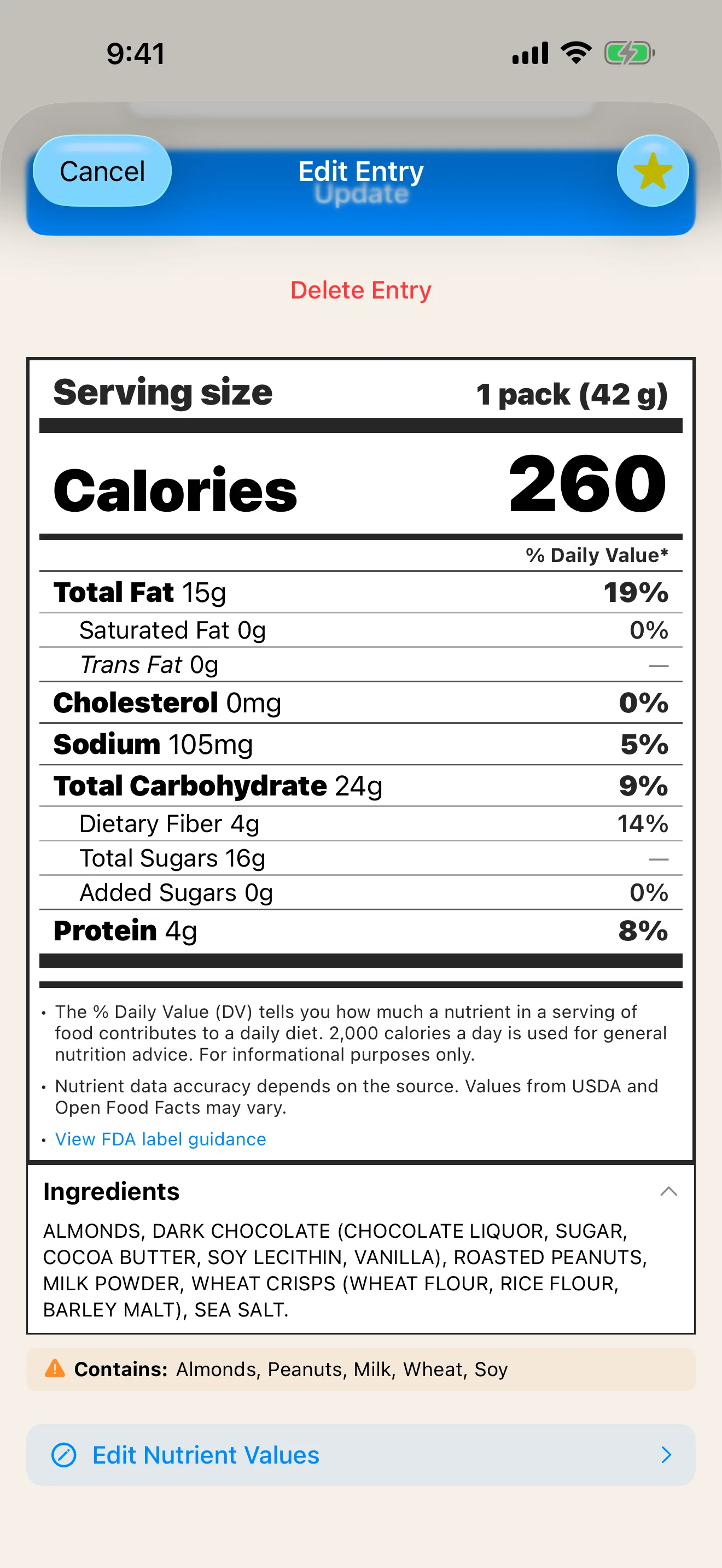 DailyLabel food detail screen with ingredients and allergen warning