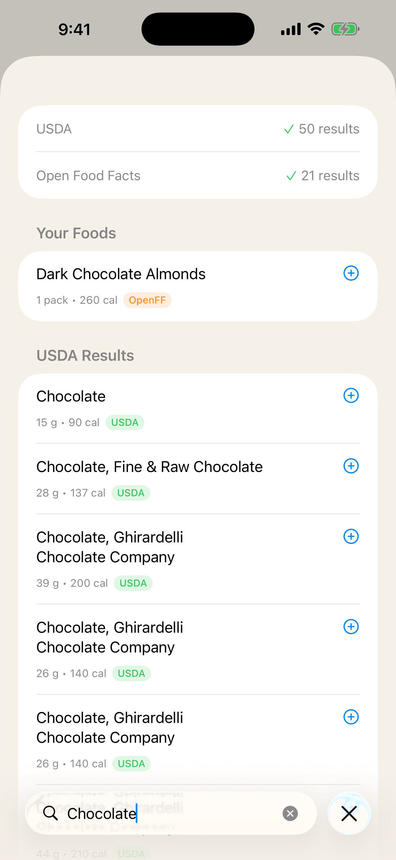 DailyLabel food search and barcode lookup results